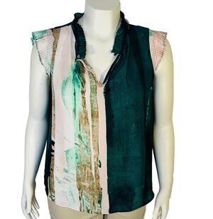 DKNY Tank Top Womens XL Green Beige Blush Pink Abstract Art Pleated Cap Sleeve